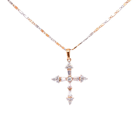 An Iced Crucifix Zirconia Pendant Necklace in two-tone rose gold, adorned with small, sparkling diamonds against a white background.